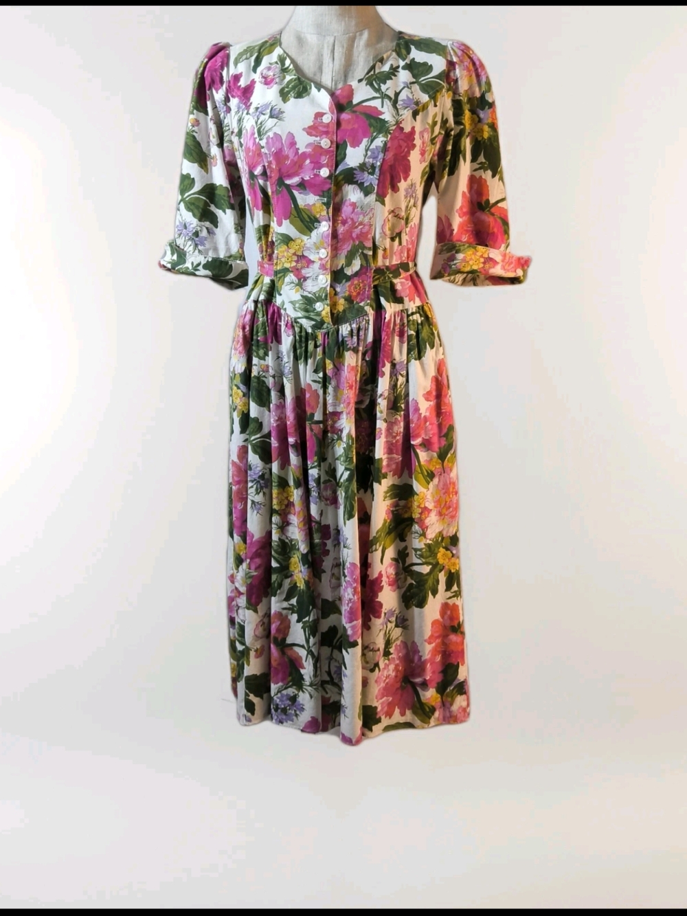 Vintage 1980 Jessica Howard cotton Floral Midi Dress in Pink & Green Size 10P